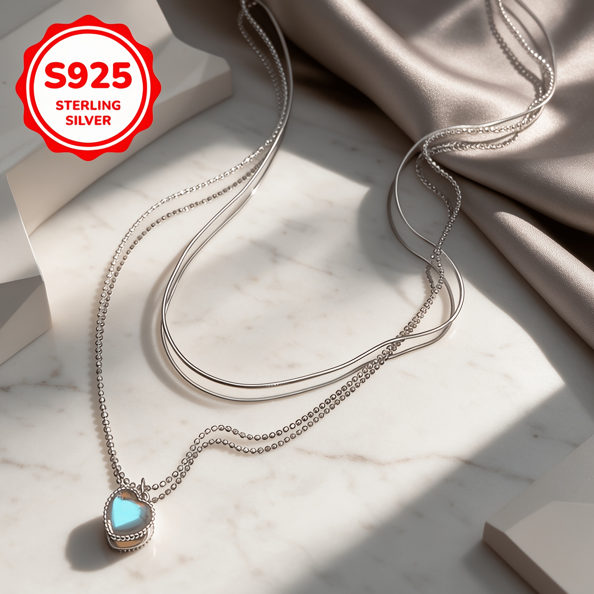 Women's 925 Silver Double-Layer Heart Pendant Necklace, Versatile